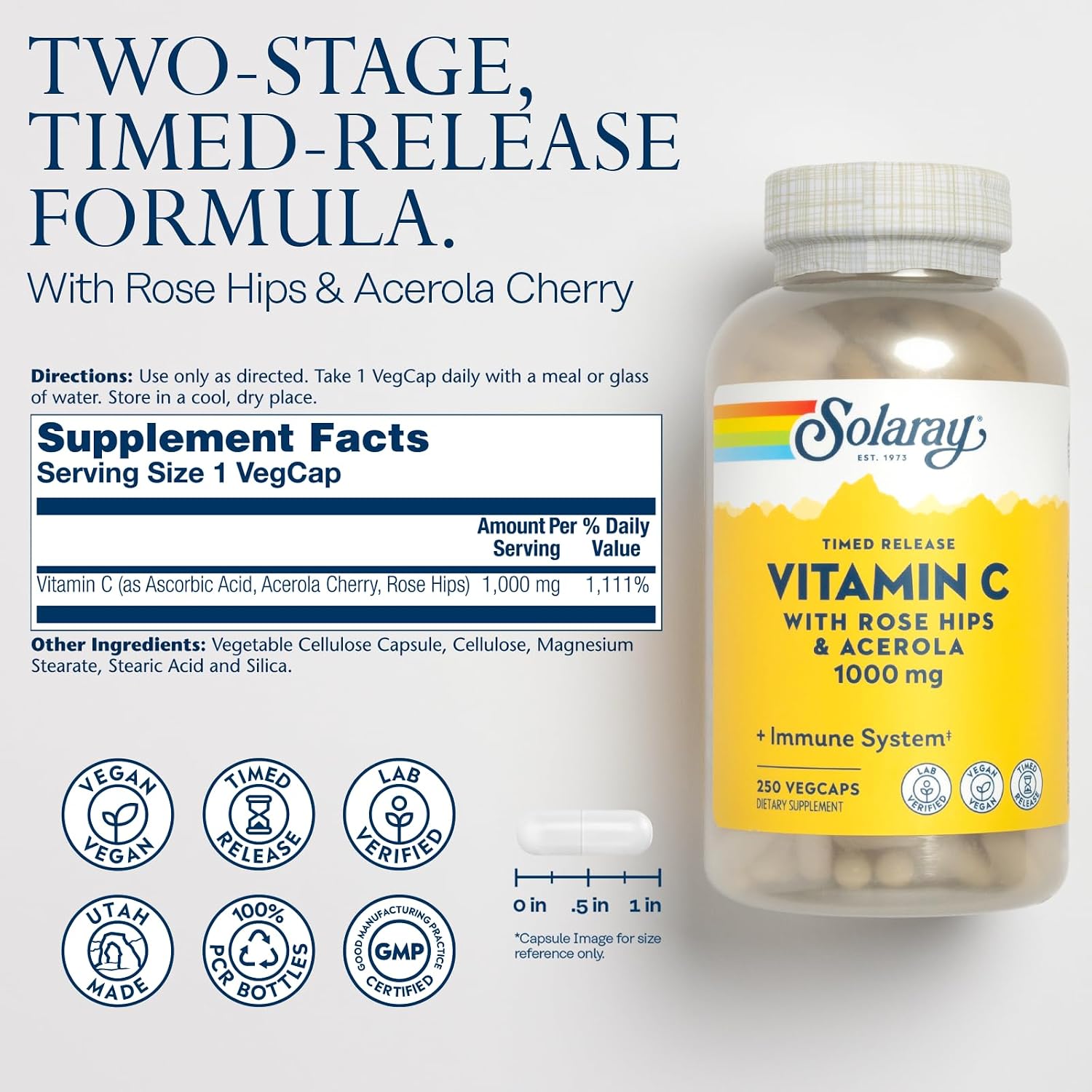 SOLARAY Vitamina C 1000 mg Liberación Prolongada con Escaramujo y Acerola 250 Cápsulas