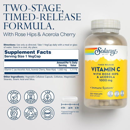 SOLARAY Vitamina C 1000 mg Liberación Prolongada con Escaramujo y Acerola 250 Cápsulas – Image 2