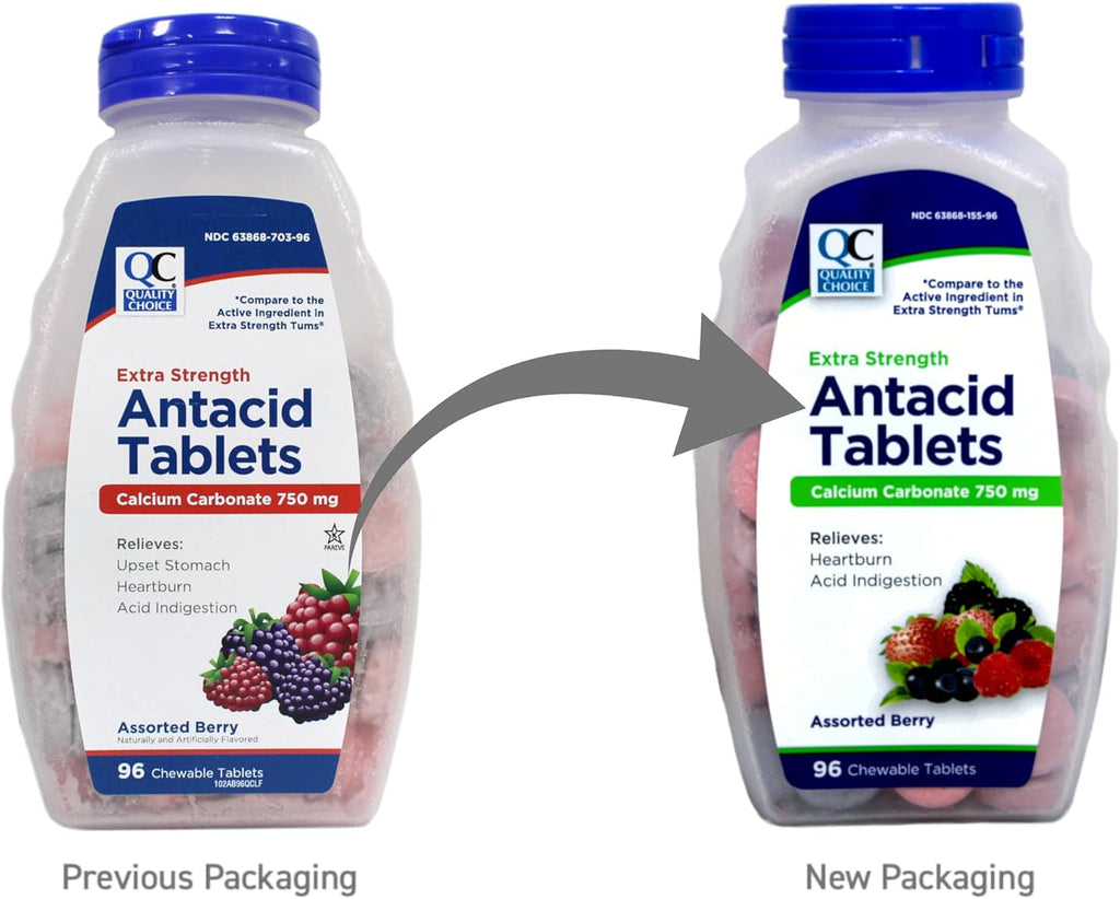 Quality Choice Antiácido Extra Strength - Carbonato Cálcico 750 mg - 96 Comprimidos Masticables Sabor Bayas (Pack de 2)