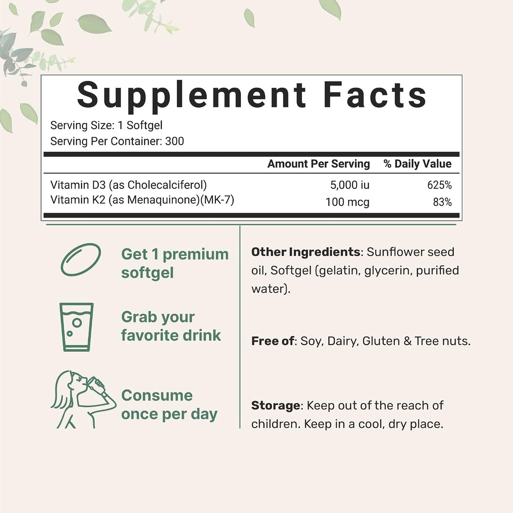 Micro Ingredients Vitamina D3 5000 UI + K2 MK-7 100 mcg, 600 Cápsulas Blandas