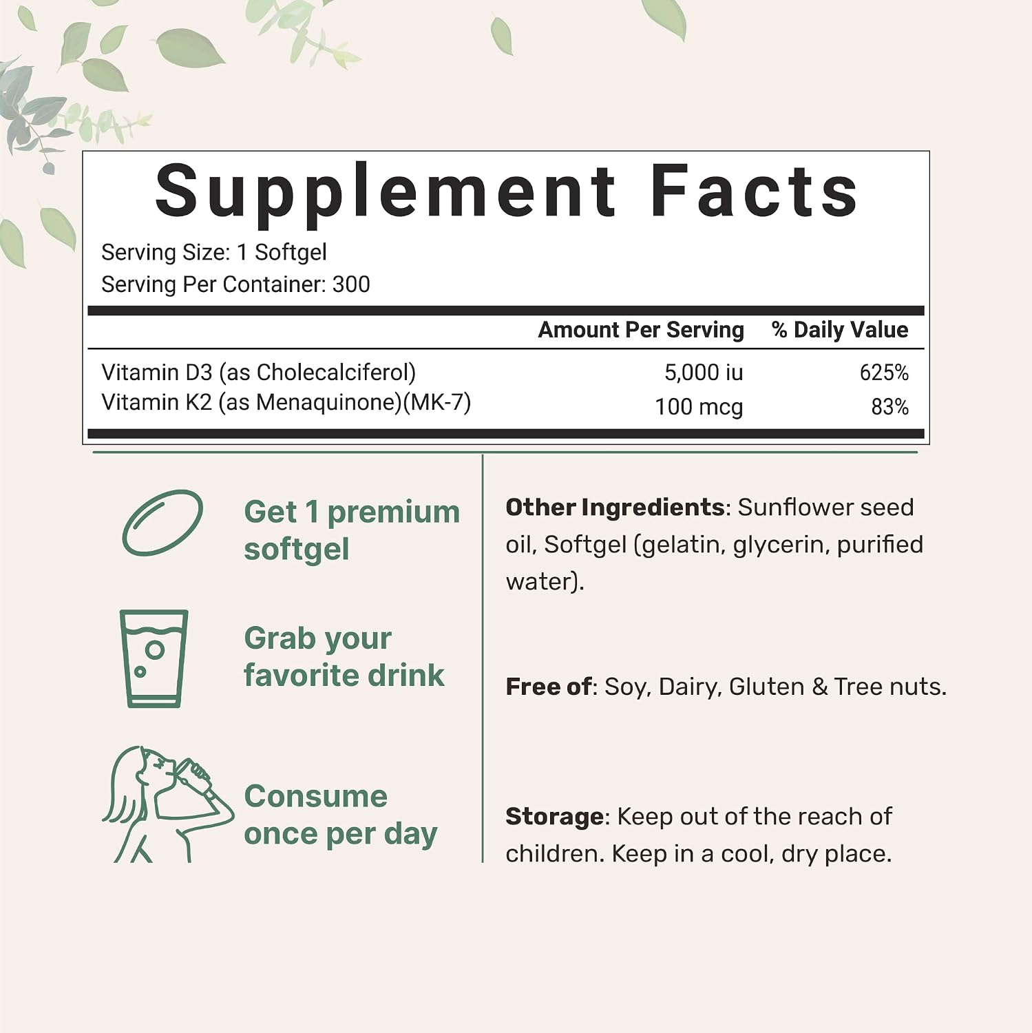 Micro Ingredients Vitamina D3 5000 UI + K2 MK-7 100 mcg, 600 Cápsulas Blandas
