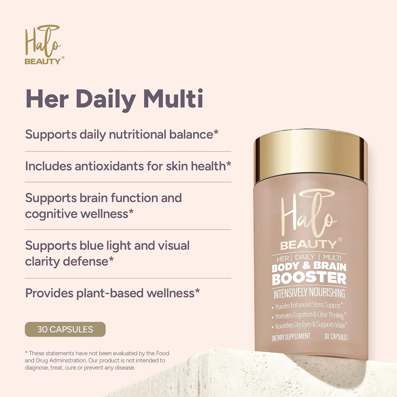 Halo Beauty Her Daily Multi | Multivitamínico para Mujeres | Energía, Claridad Mental y Bienestar con B6, D3 y Zinc | Cápsulas Veganas | 1 Mes