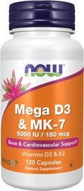 NOW Foods Mega D-3 & MK-7 - 5000 UI / 180 mcg, 120 Cápsulas