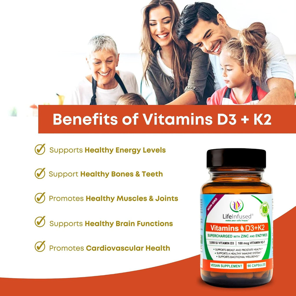 Life Infused Vitamina D3 + K2 con Zinc y Enzimas | 3000 UI D3, MK-7 K2 | 90 Cápsulas