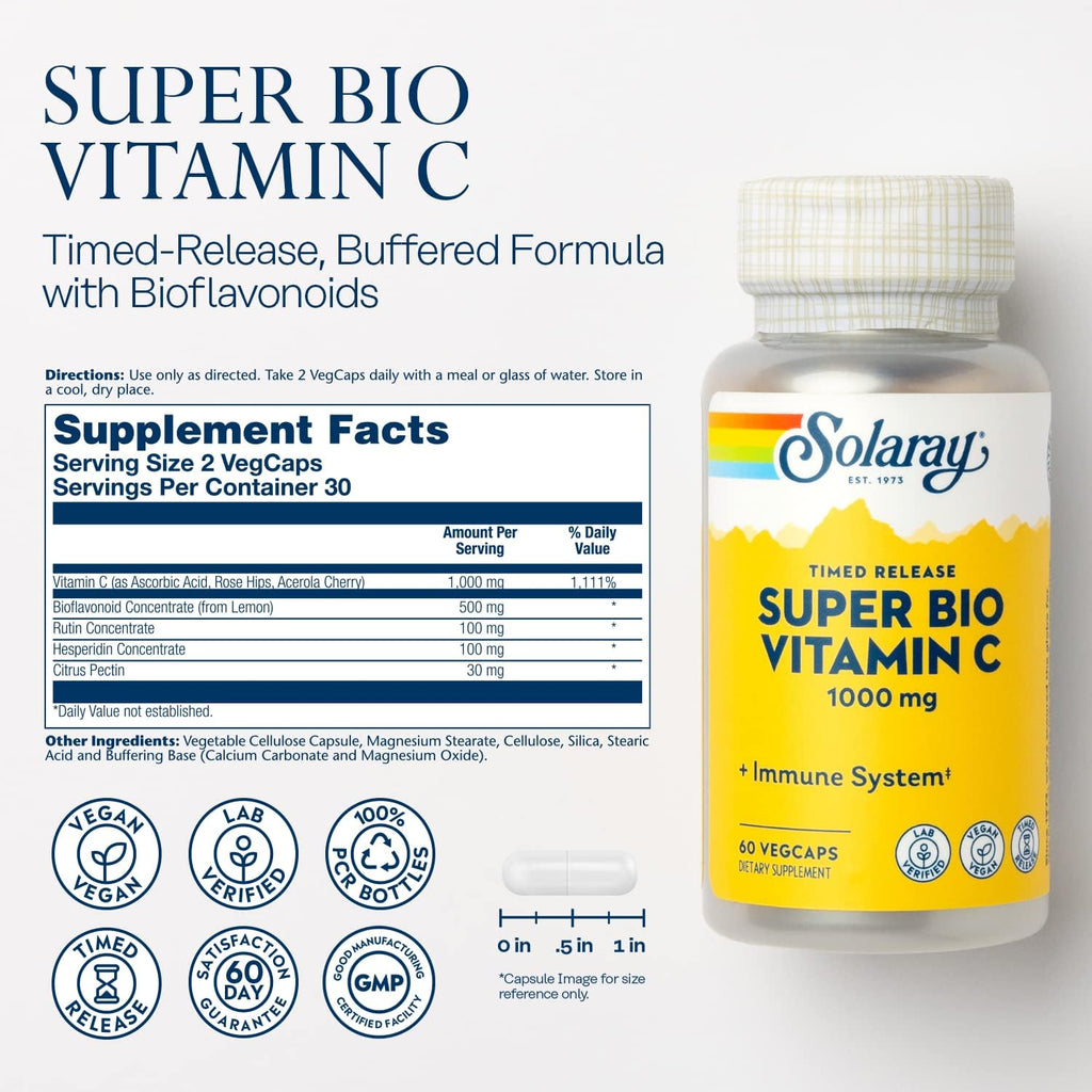 SOLARAY Super Bio Buffered Vitamin C 1000 mg - Cápsulas de Liberación Prolongada con Bioflavonoides