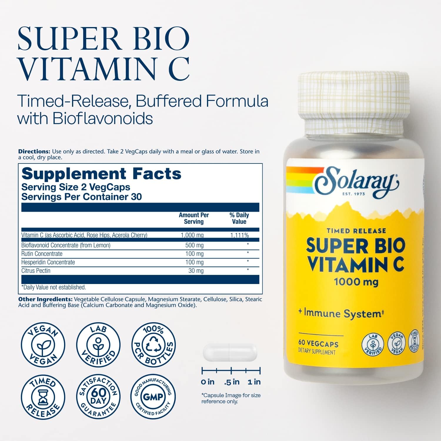 SOLARAY Super Bio Buffered Vitamin C 1000 mg - Cápsulas de Liberación Prolongada con Bioflavonoides