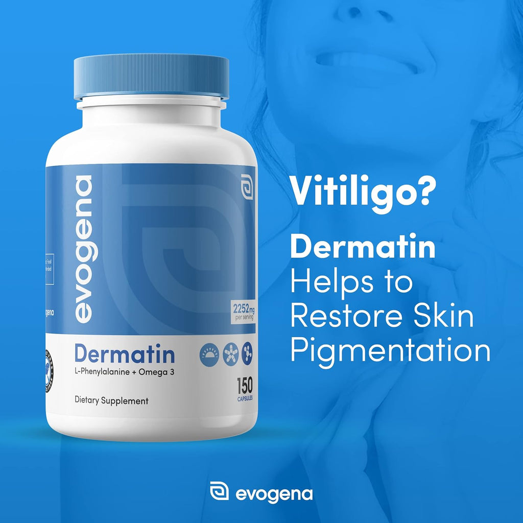 Dermatin - Complemento para Vitiligo con L-fenilalanina, Omega-3, Vitaminas D y B6 y Cobre