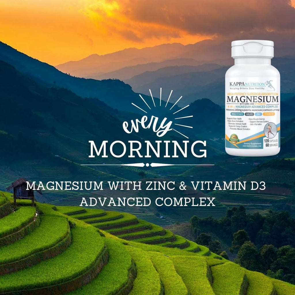 Kappa Nutrition Magnesio 4-en-1, 280mg Magnesio Elemental (Bisglicinato, Malato) + Zinc y Vitamina D3, 120 Cápsulas Veganas