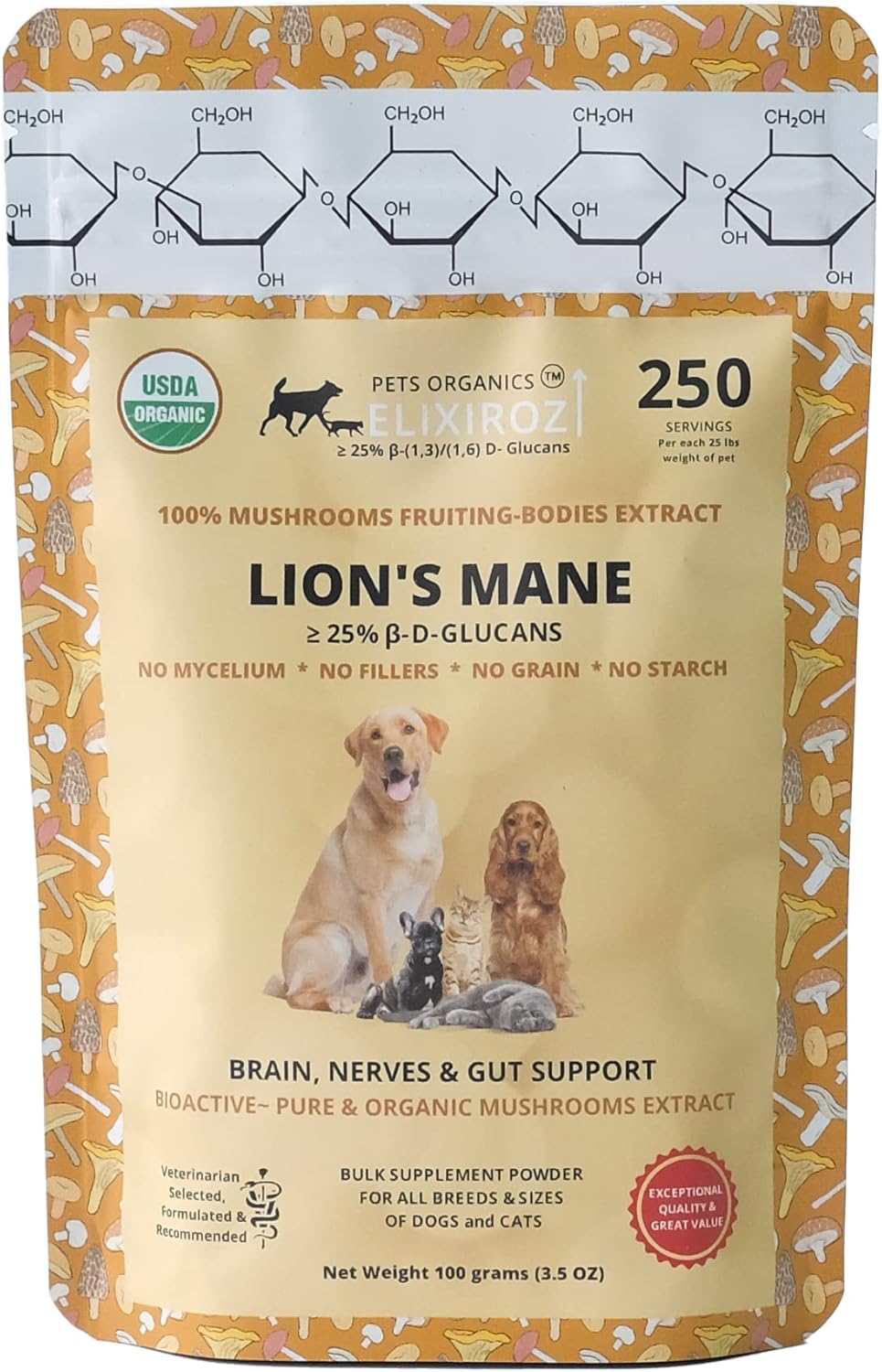 PETS ORGANICS ELIXIROZ Extracto de Melena de León para Perros y Gatos - Concentrado 8:1-12:1 - 250 Servicios
