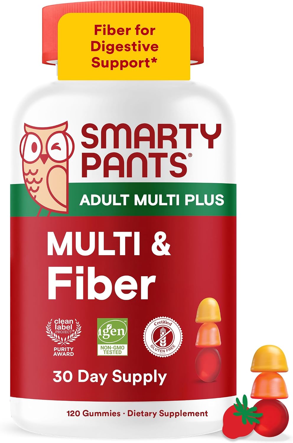 SmartyPants Plus Multi & Fiber Multivitamínico en Gominolas para Hombres y Mujeres con Fibra Prebiótica, Omega 3 DHA/EPA, Vitaminas D3, C, B12, B6, A, K, Zinc, Clean Label, Tres Sabores de Frutas, 90 unidades (Ración para 30 días)