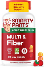 SmartyPants Plus Multi & Fiber Multivitamínico en Gominolas para Hombres y Mujeres con Fibra Prebiótica, Omega 3 DHA/EPA, Vitaminas D3, C, B12, B6, A, K, Zinc, Clean Label, Tres Sabores de Frutas, 90 unidades (Ración para 30 días)