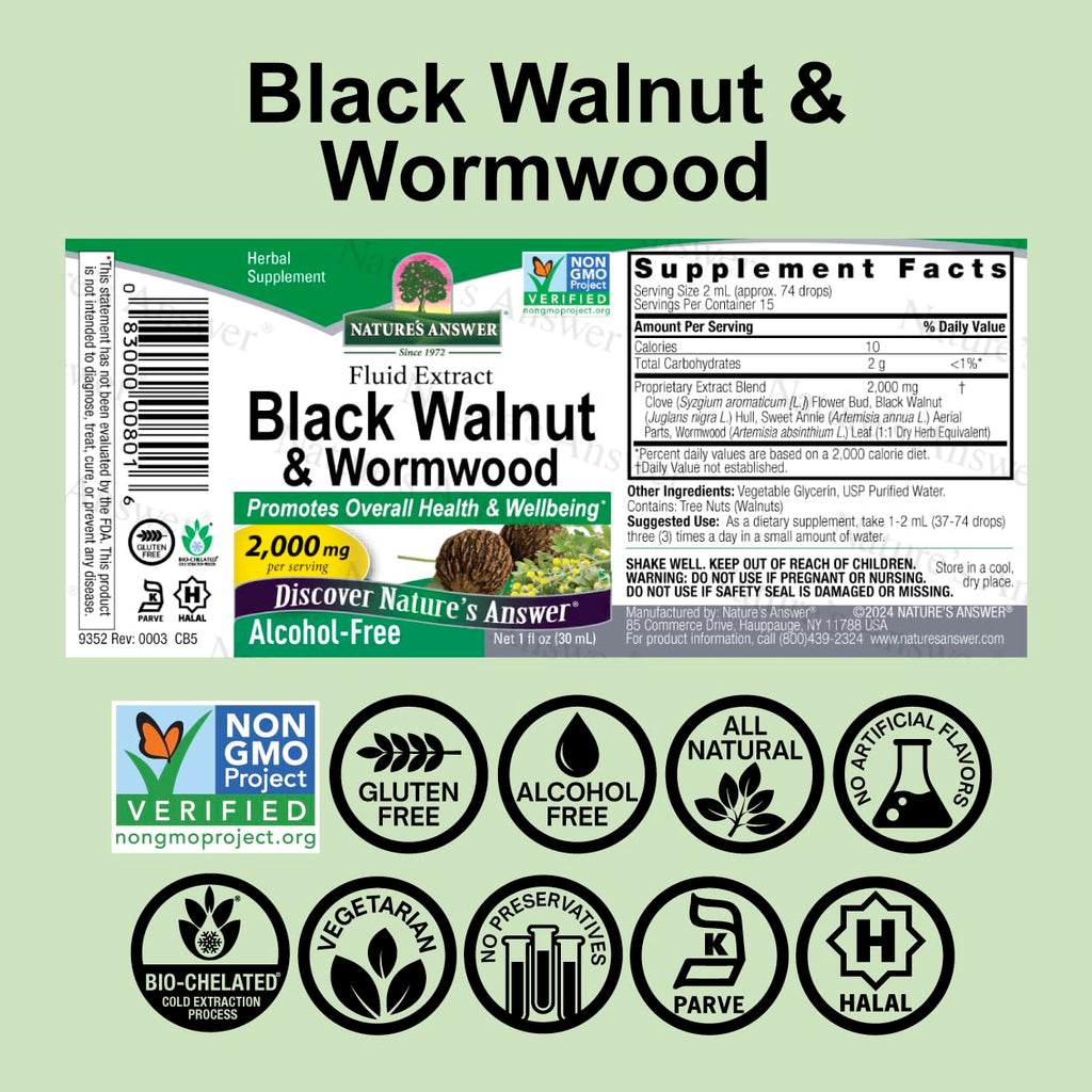 Nature's Answer Black Walnut and Wormwood Complex - Extracto Líquido Super Concentrado 2000 mg - Vegano, Sin Gluten, Sin Alcohol - 1 Fl Oz (Pack de 2)