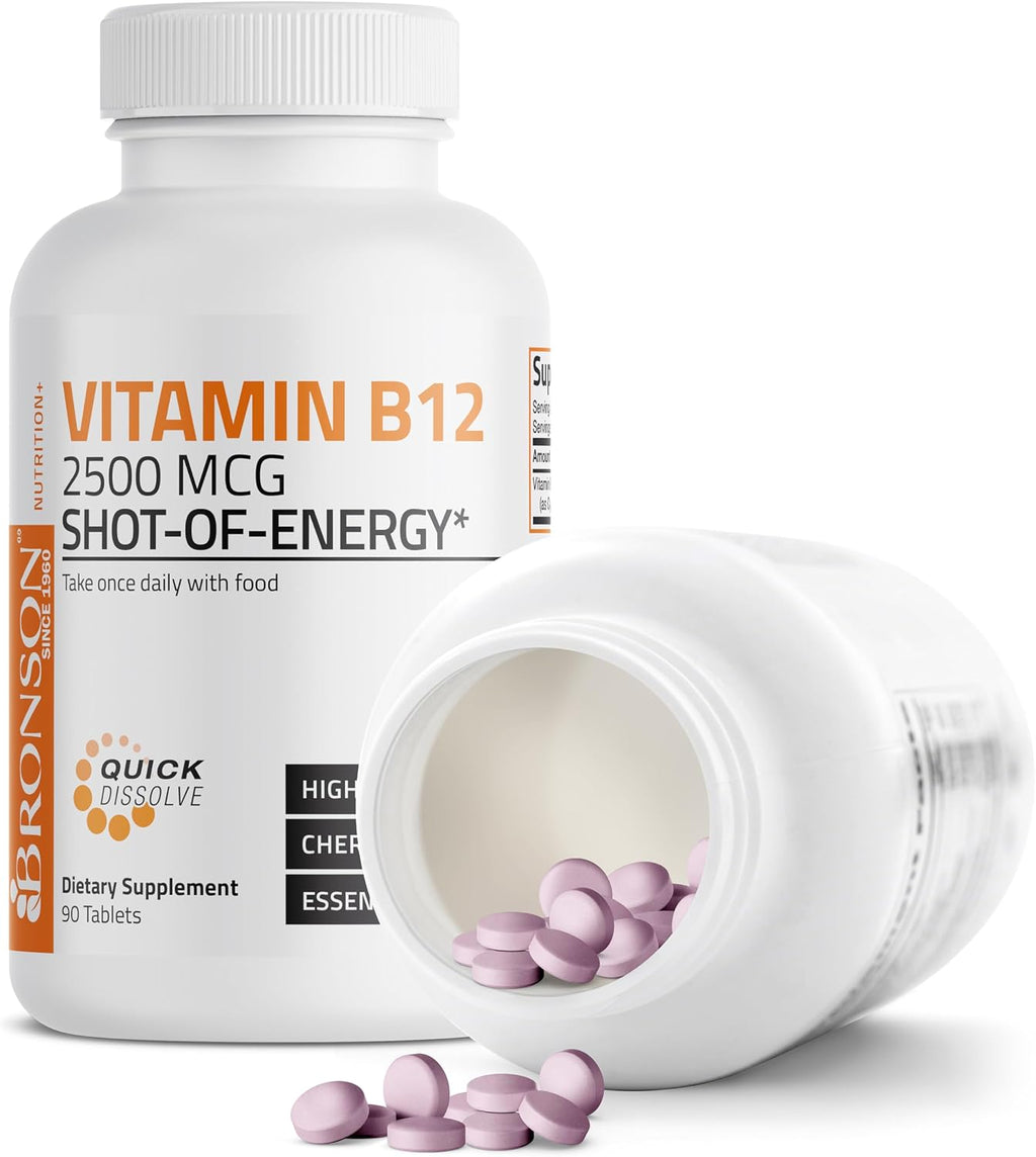 Bronson Vitamina B12 2500mcg, 90 Comprimidos Masticables Sabor Cereza - Sublingual de Rápida Absorción