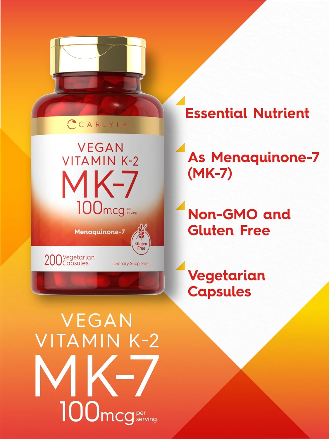 Carlyle MK-7 Vitamina K2 100 mcg | 200 Cápsulas | Suplemento Vegano, No GMO y Sin Gluten