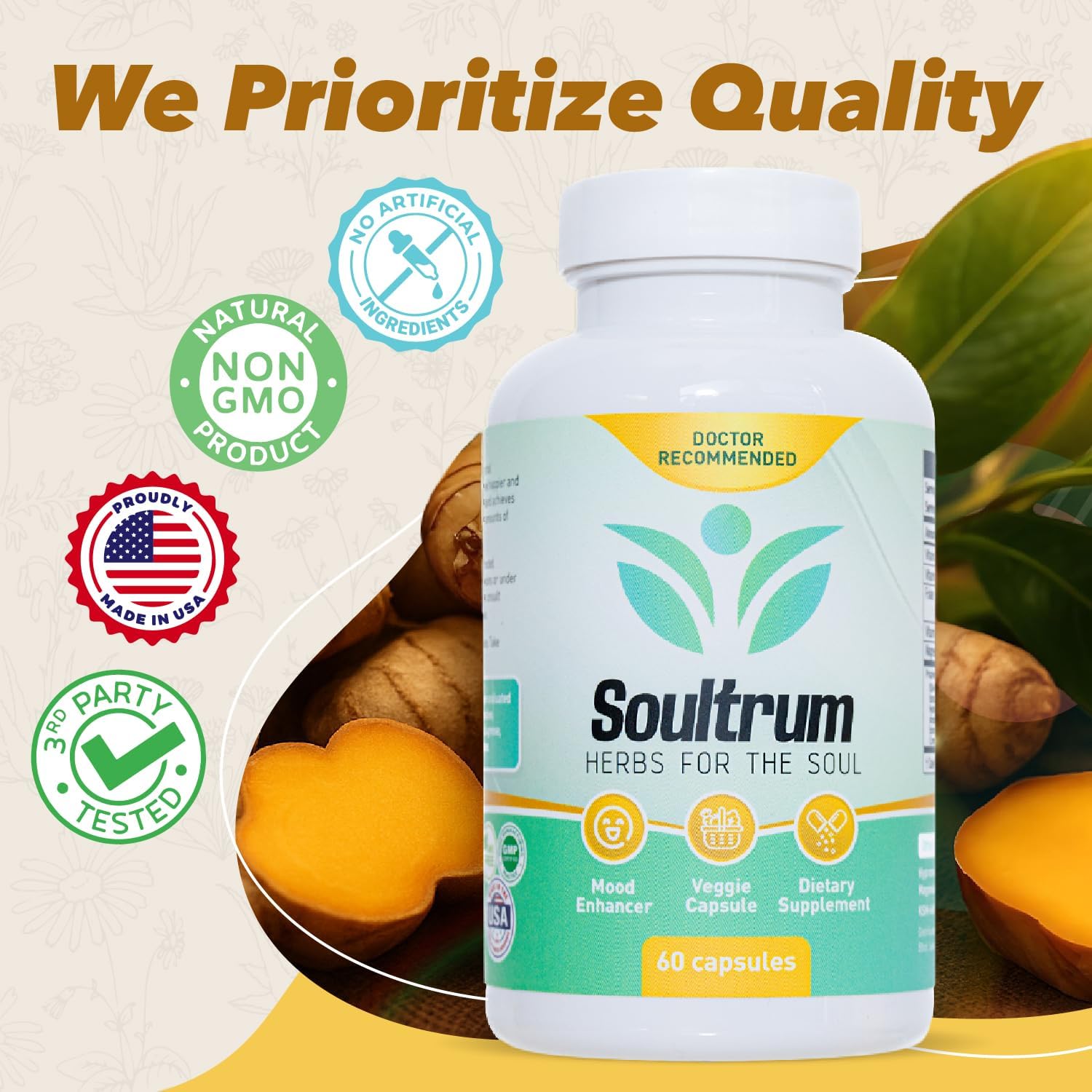 Soultrum Mood Support Supplement - Fórmula diaria con azafrán, ashwagandha, omega 3 y más - 60 cápsulas