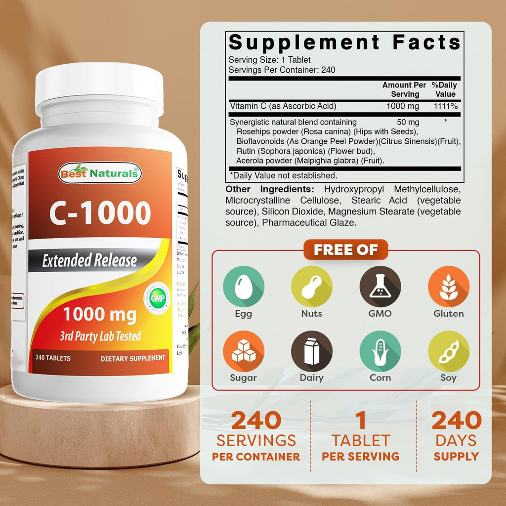 Best Naturals Vitamin C 1000 mg con Rosa Mosqueta y Bayas, 240 Comprimidos