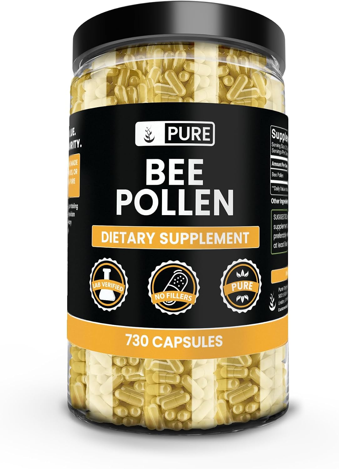 PURE ORIGINAL INGREDIENTS Polen de Abeja, Sin Rellenos de Magnesio o Arroz, Siempre Puro, Verificado en Laboratorio (730 Cápsulas)