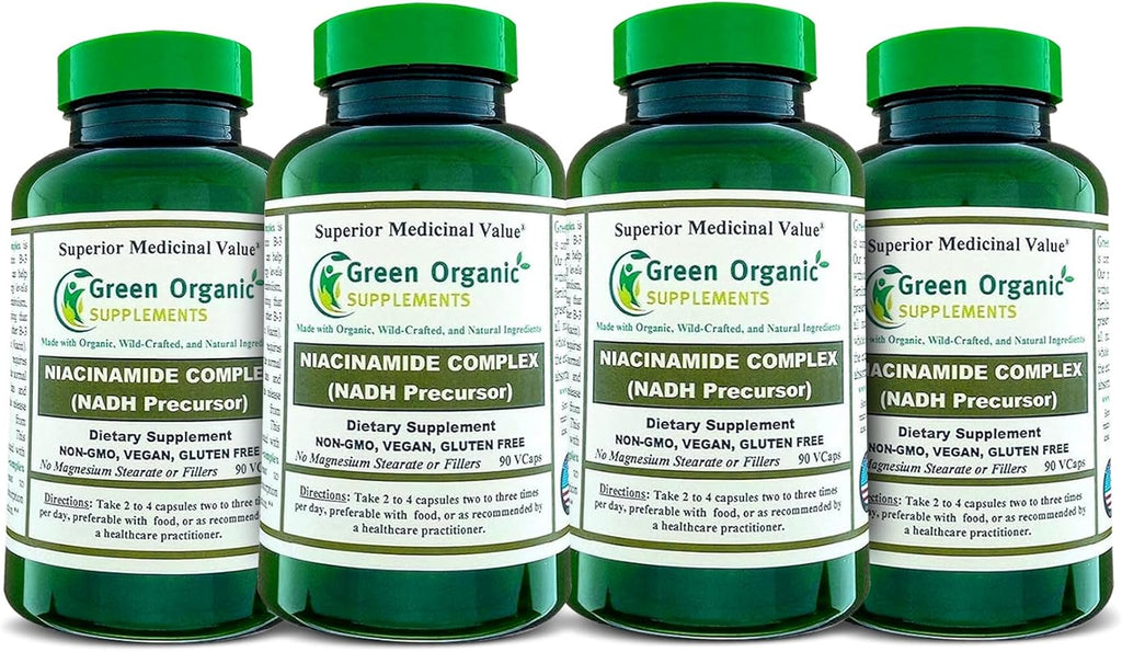 Green Organic Supplements Niacinamida, Niacina, NAD, NADH, Alta Absorción, No Transgénico, Sin Gluten (Pack de 4)