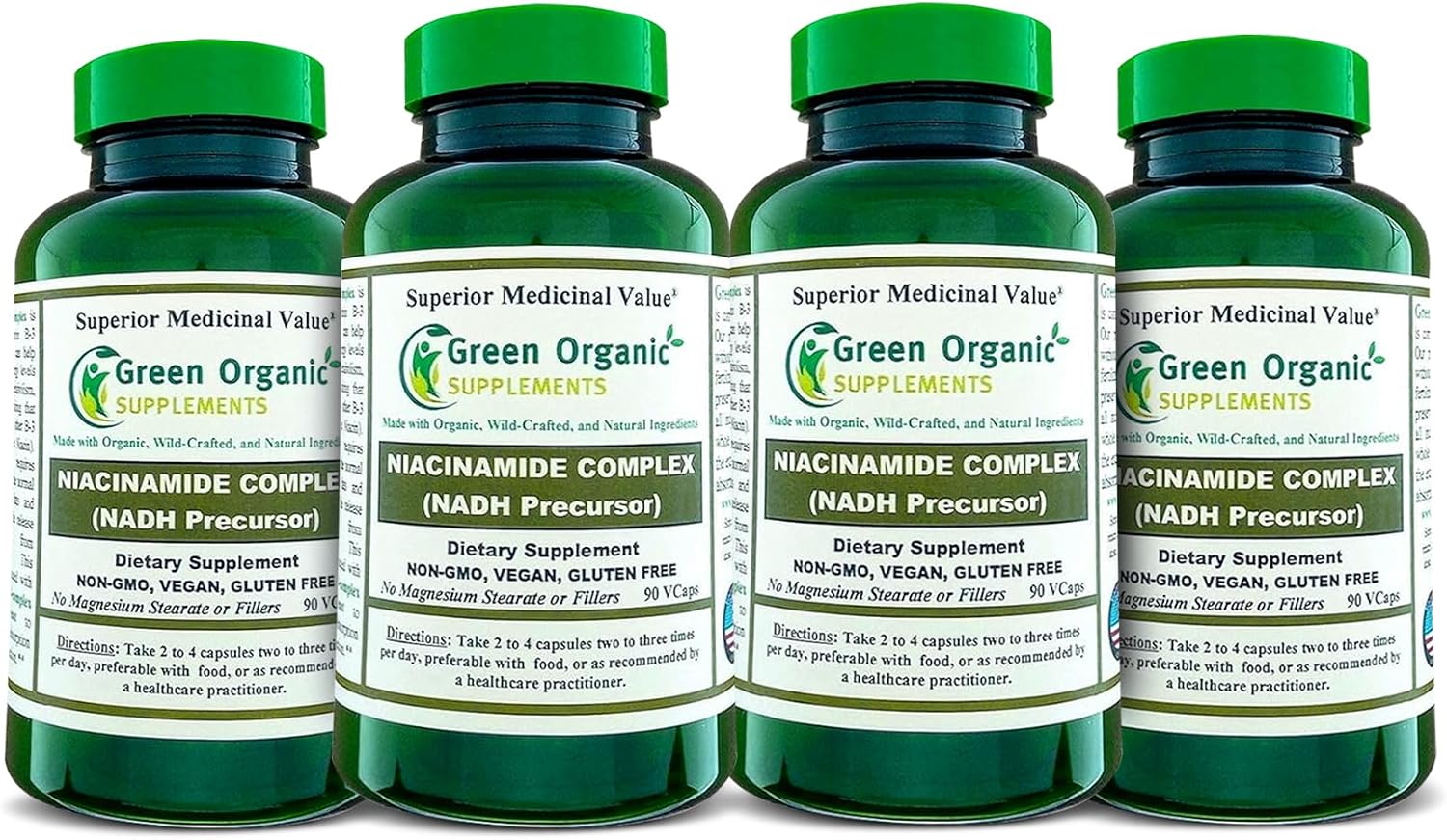 Green Organic Supplements Niacinamida, Niacina, NAD, NADH, Alta Absorción, No Transgénico, Sin Gluten (Pack de 4)