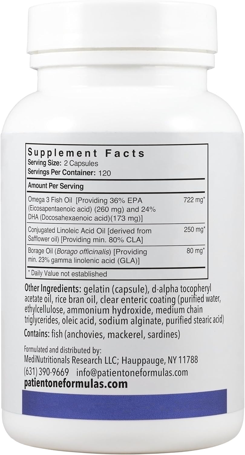 Patient One Metabolic Care | Complemento para Apoyar la Respuesta Inflamatoria Saludable y la Salud Cardiaca | con Aceite de Pescado, CLA y Aceite de Borraja | 240 Cápsulas