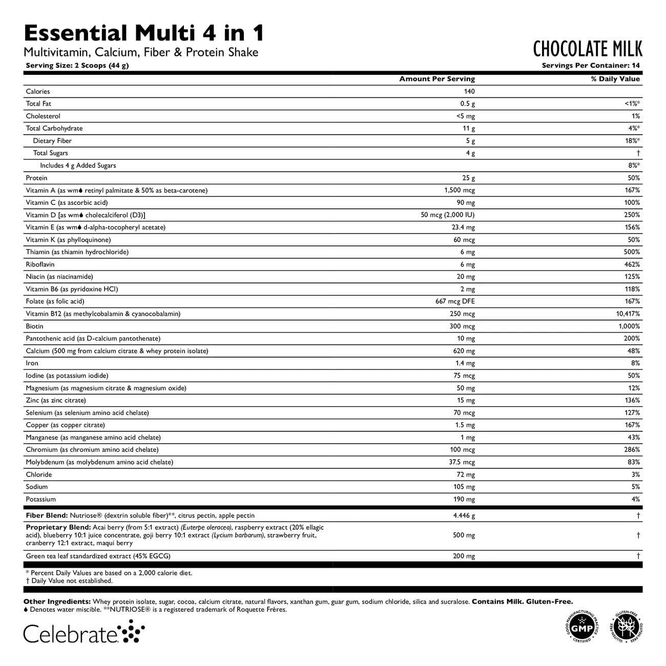 Celebrate Essential Multi 4 en 1 - Multivitamínico Bariátrico en Polvo, Sabor Chocolate, 14 Raciones