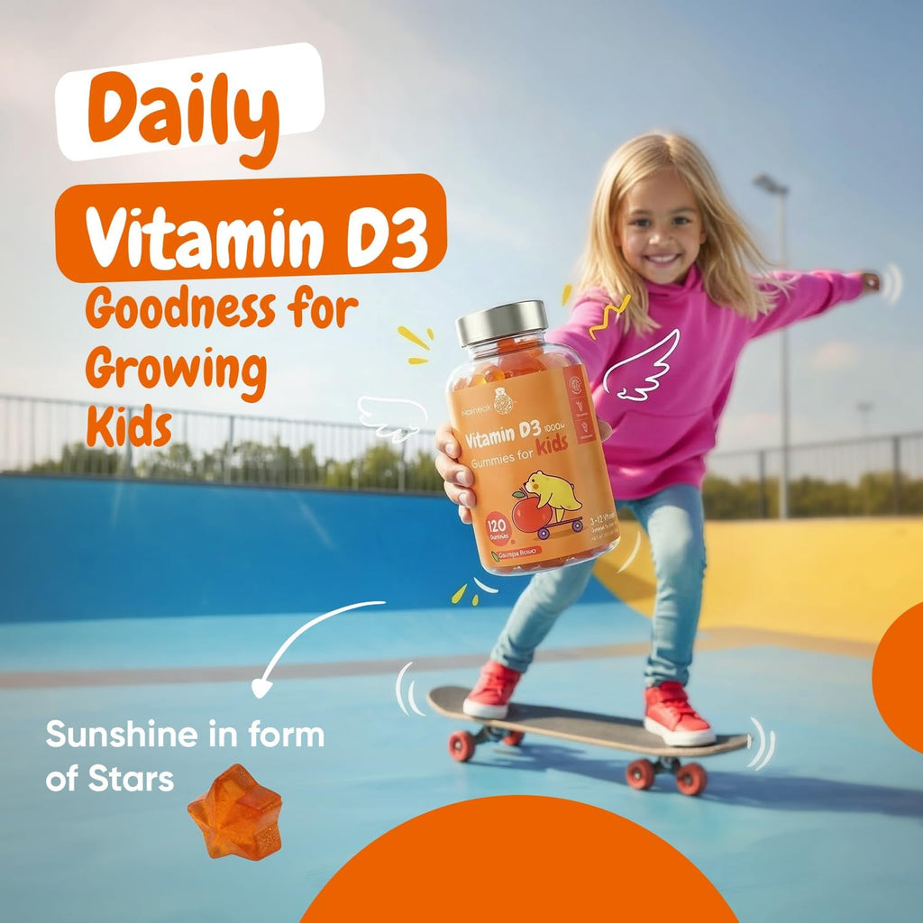 maxmedix Kids Vitamin D3 1000IU | 120 Gominolas de Vitamina D para Niños | Sabor Naranja Natural | Bajo en Azúcar | Sin Gluten | 4 Meses de Suministro