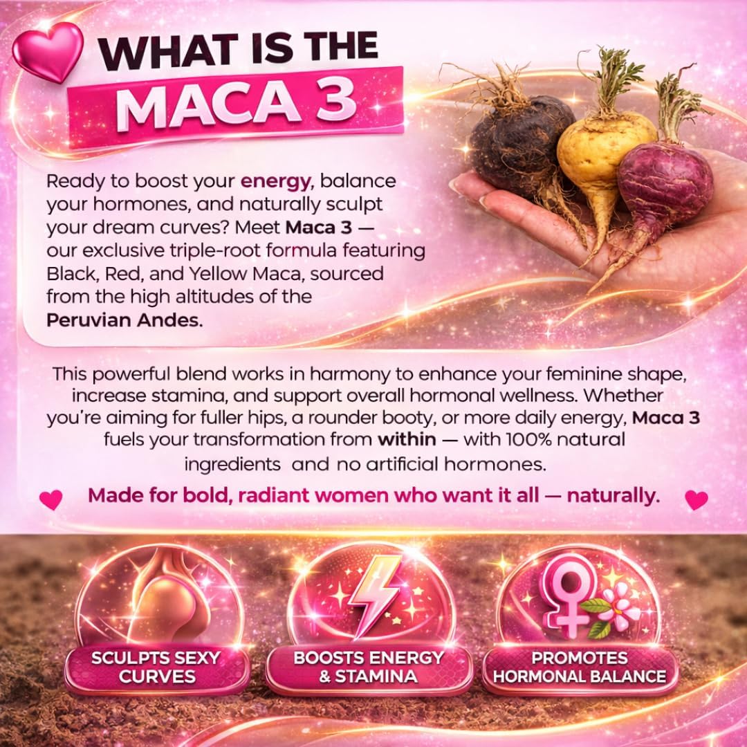 Maca 3 Cápsulas – Mezcla de Raíz de Maca Negra, Roja y Amarilla – Equilibrio Femenino y Apoyo Corporal Natural – Fórmula Herbal