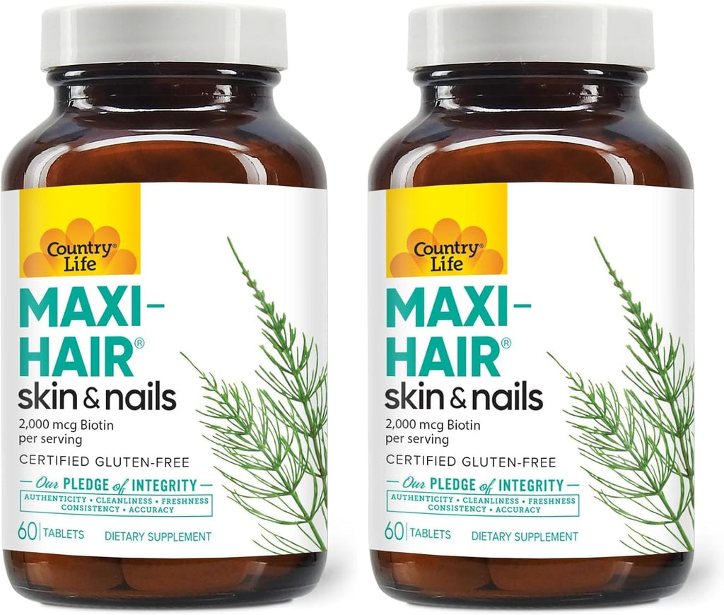 Country Life Maxi-Hair Suplemento con Biotina 2000 µg y Vitaminas para Cabello, Piel y Uñas - 90 Comprimidos