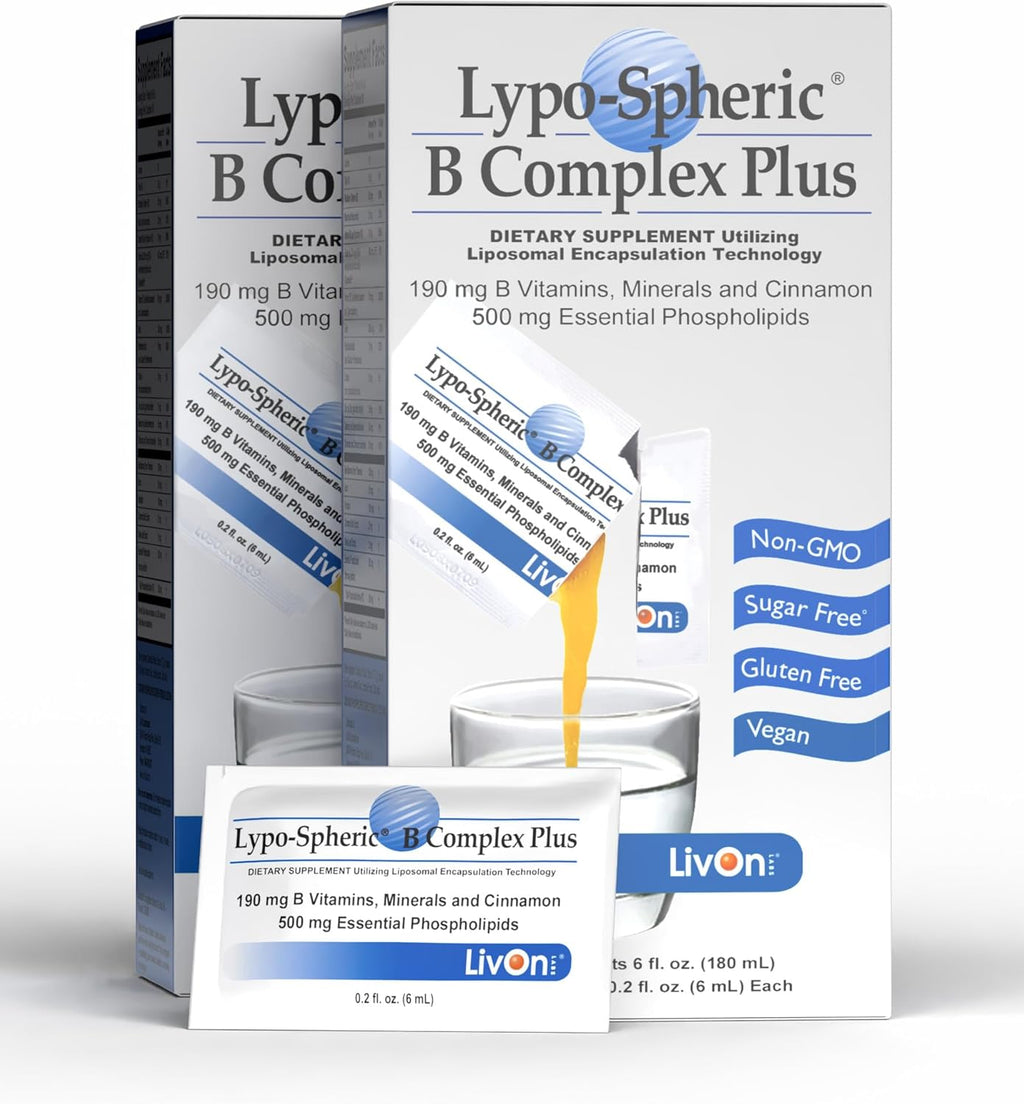 LivOn Laboratories Lypo-Spheric B Complex Plus – 30 Sobres – 195 mg de Vitaminas B, Minerales y Canela por Sobre – Encapsulación Liposomal para Máxima Biodisponibilidad – Paquete de 2