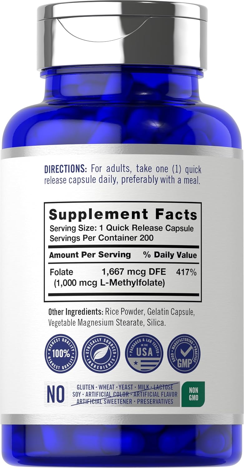 Opti-Folate L-Metilfolato 1000 mcg, 200 Cápsulas - Forma Activada y Optimizada