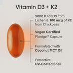 Sports Research Vitamina D3 + K2 con Aceite de Coco - Vitamina D3 5000 UI y K2 MK-7 100 mcg - Vegano, Certificado No GMO - 60 Cápsulas Blandas