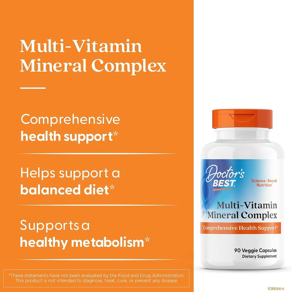 Doctor's Best Multi-Vitamin & Mineral Complex - Daily Vegan Multivitamin for Women & Men, Vitamins A, C, D3, E, K2, Riboflavin & Niacin, Adult Supplement, Non-GMO - 90 Veggie Capsules