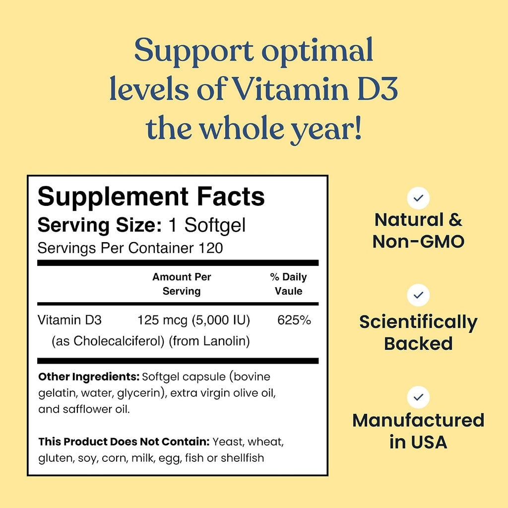 Better Way Health Vitamin D3 5000 IU – High Potency Supplement for Bone and Immune Health – 120 Softgels