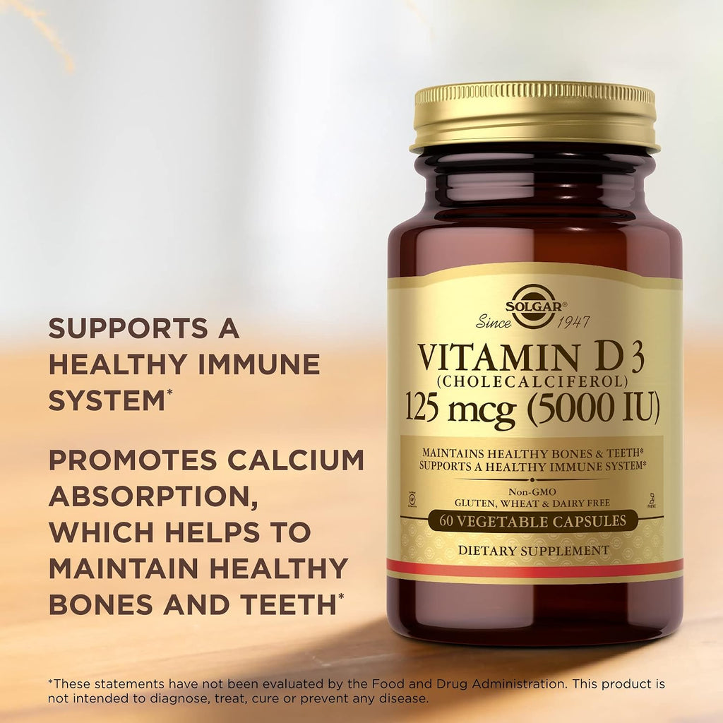 Solgar Vitamina D3 (Colecalciferol) 125 mcg (5000 UI), 60 Cápsulas Vegetales