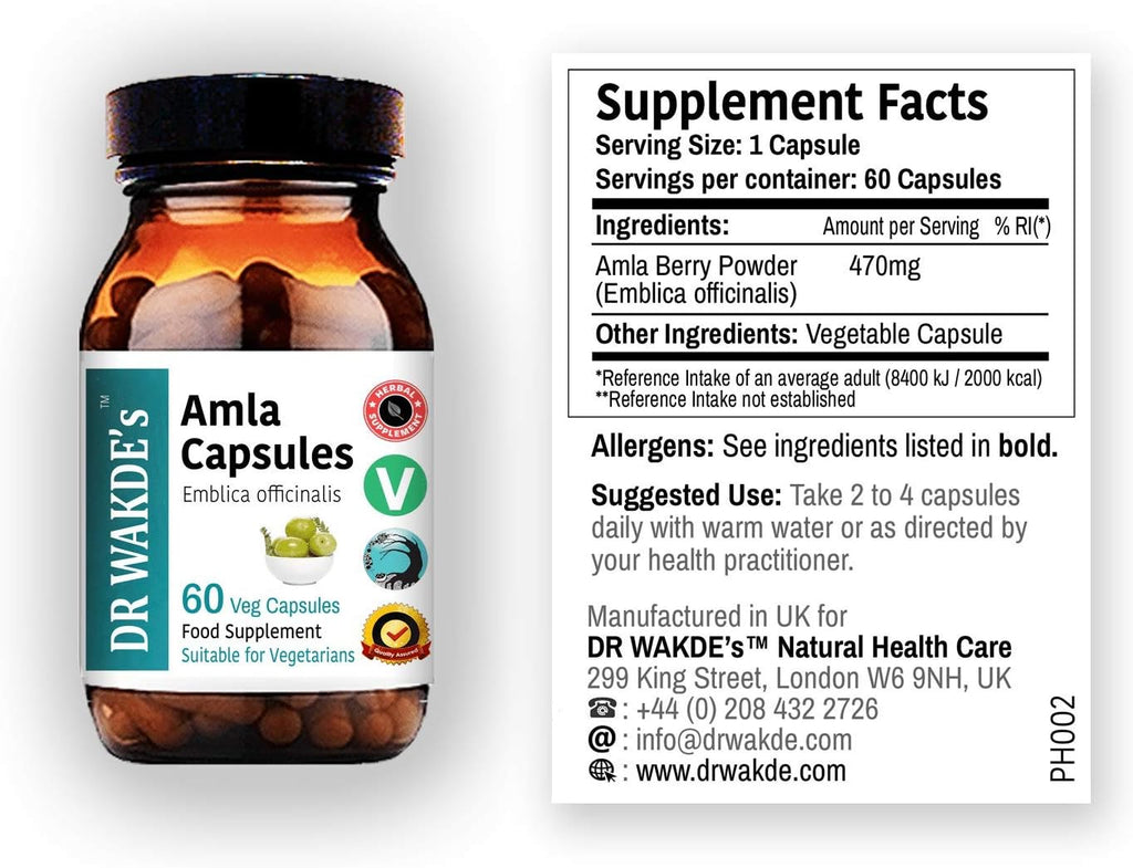 DR WAKDE'S Amla Capsules (Amalaki, Indian Gooseberry, Emblica officinalis) - 60 Veg. Caps. - Natural Vegan Supplement