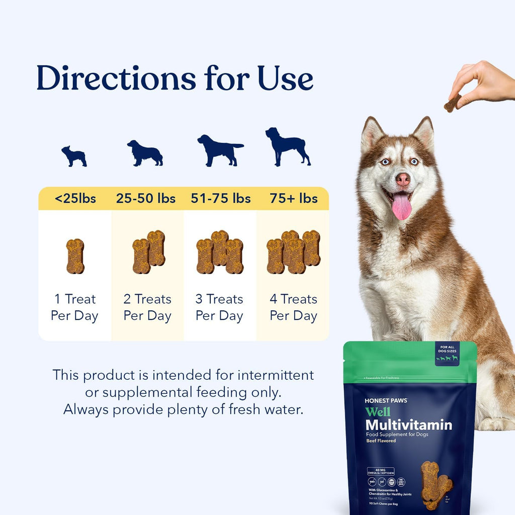Honest Paws Multivitamínico para Perros - 90 Golosinas Blandas con Glucosamina, Condroitina y Omega-3 - Sabor a Carne de Res