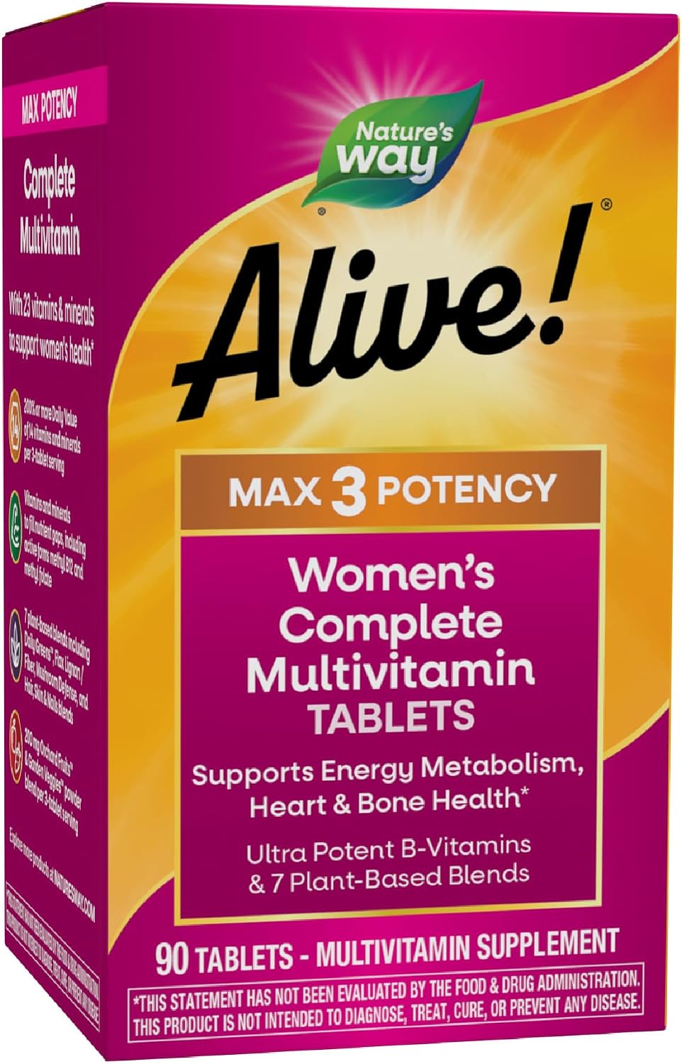 Nature's Way Alive! Max3 Potencia Mujer Multivitamínico Completo, Apoya el Metabolismo Energético, Salud del Corazón y Huesos, con Vitaminas B Metiladas, 90 Comprimidos