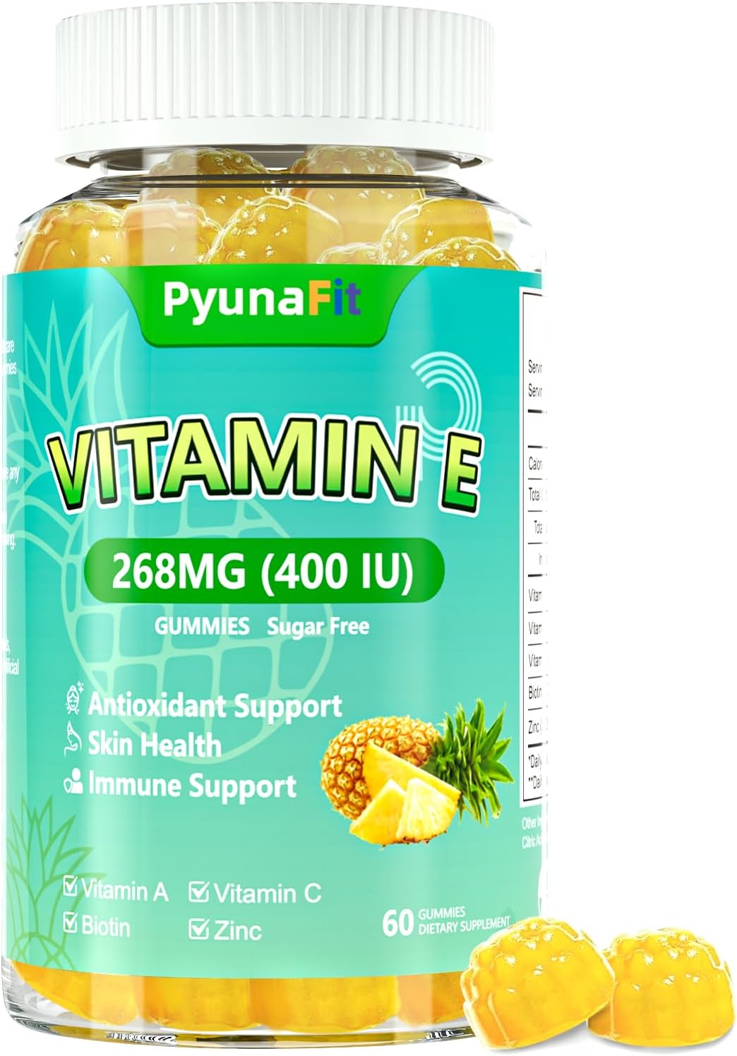 PYUNAFIT Vitamina E 400 UI Gomitas para Mujer con Vitamina A, C, Biotina y Zinc - 60 Gomitas