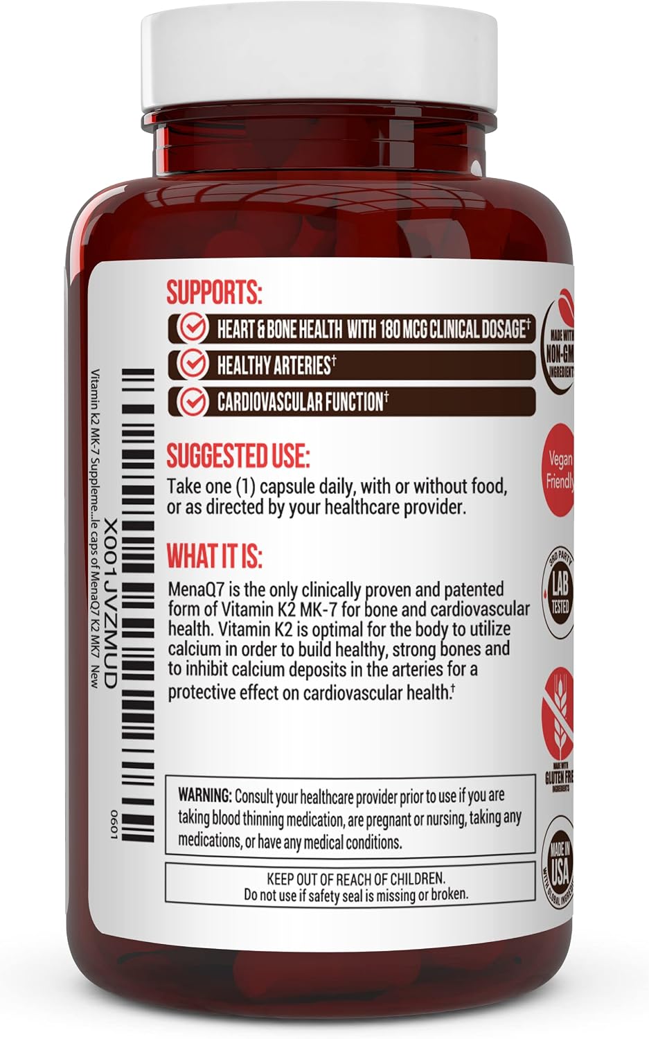 Vitamin K2 MK-7 Supplement 180 mcg - MenaQ7 for Bone and Cardiovascular Health - 60 Vegetable Capsules