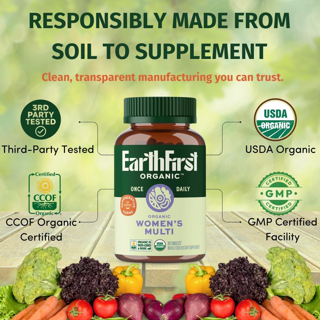 EarthFirst Organic Women’s Multi Once Daily - Multivitamínico para Mujer con Hierro y Vitamina B12 - 60 Comprimidos