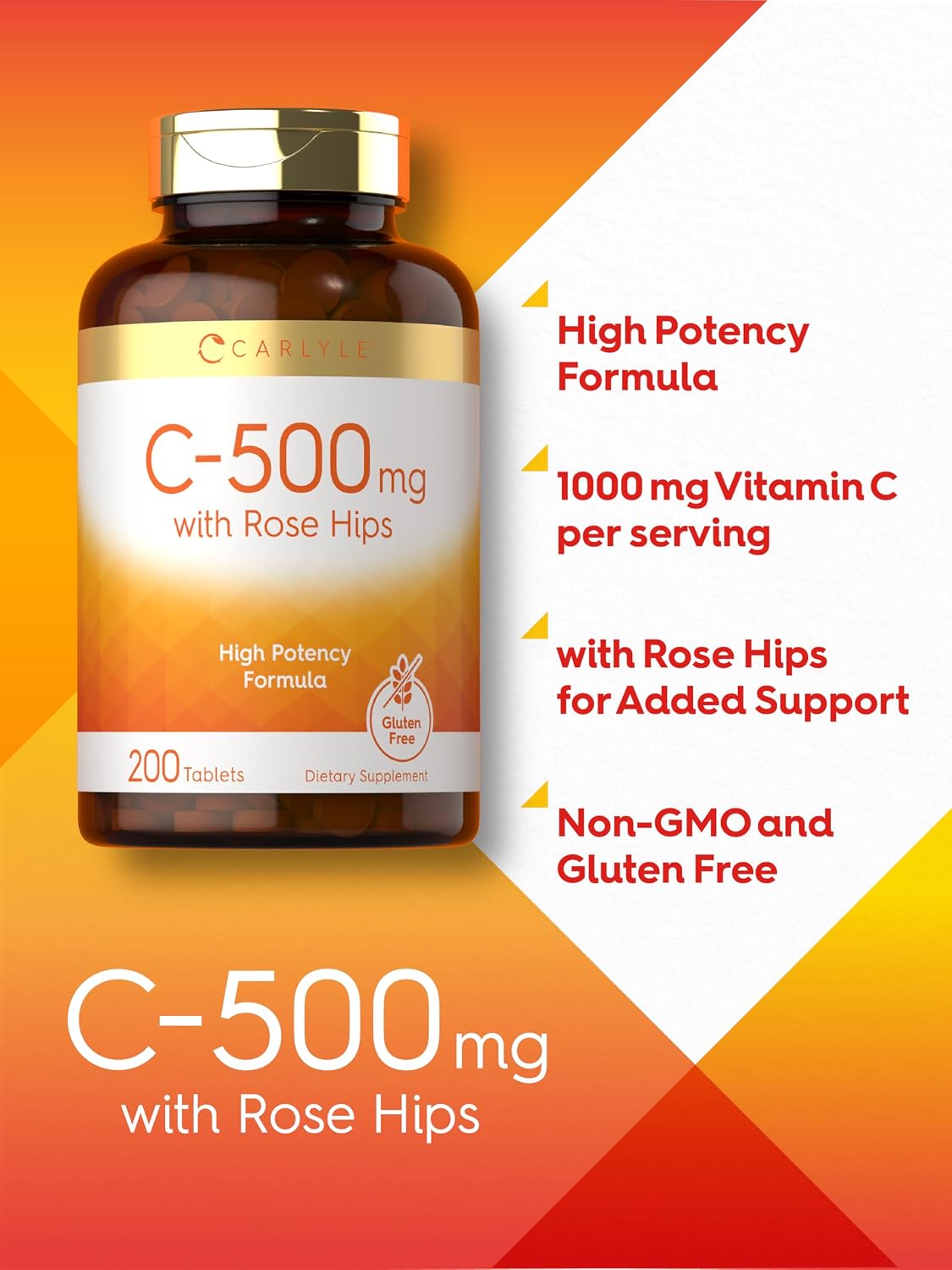 Carlyle Vitamina C 500mg con Escaramujo | 200 Comprimidos | Fórmula de Alta Potencia | Vegetariano, No-GMO, Sin Gluten