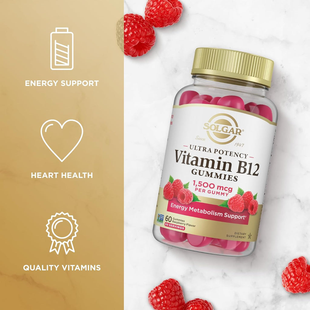 Solgar Methyl B12 Gominolas 1500mcg - Vitamina B12 Metilcobalamina para Energía y Metabolismo - Sabor Frambuesa - 60 Gominolas Veganas