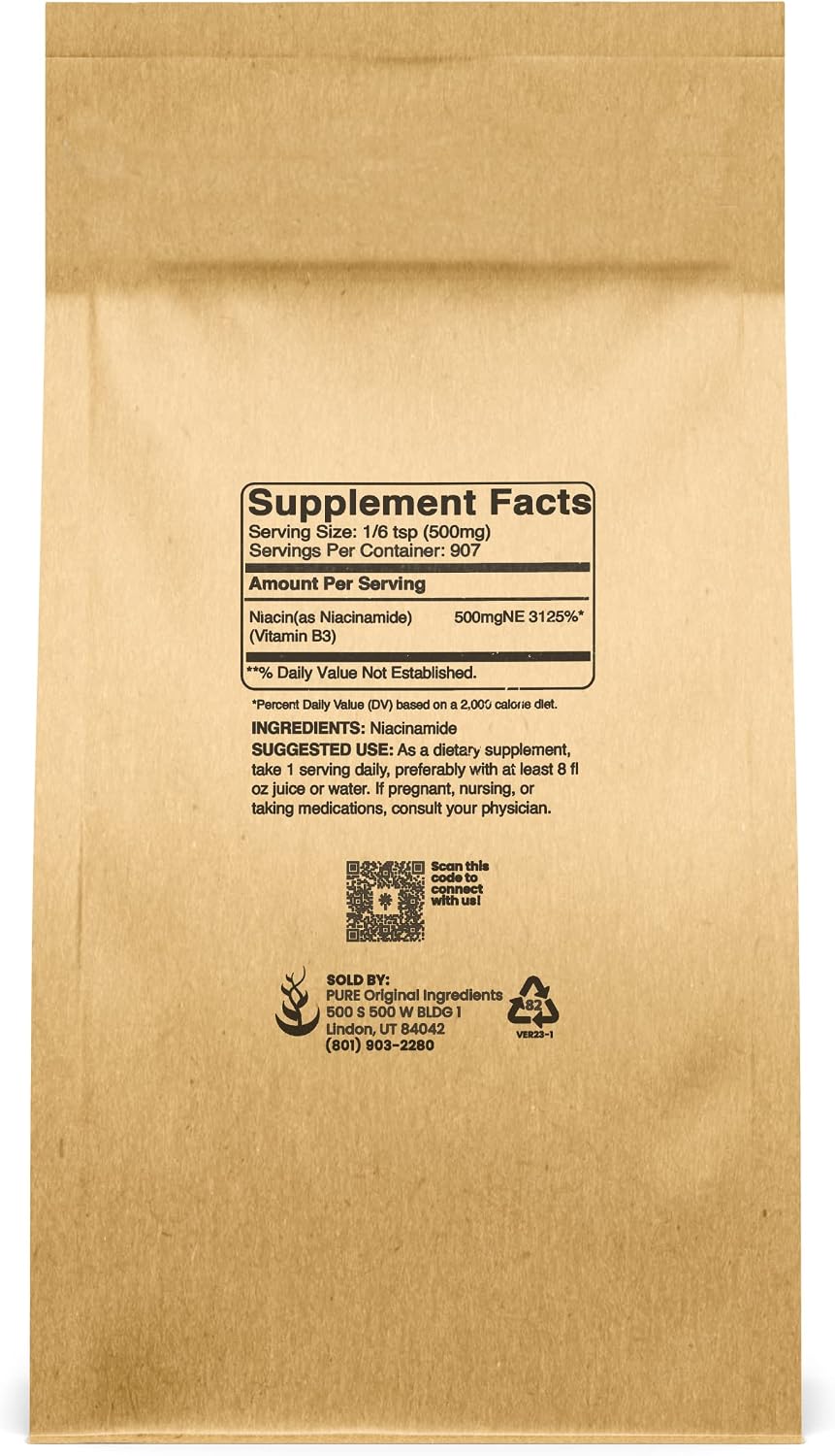 Pure Original Ingredients Niacinamida en Polvo (454g) - Vitamina B3 Sin Enrojecimiento, Sin Gluten