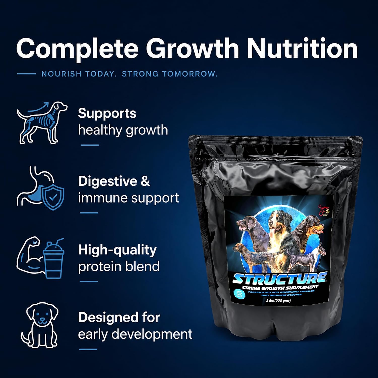 CPN Structure Suplemento para Cachorros y Perras Gestantes con DHA – Apoya el Desarrollo Cognitivo, Muscular y Óseo – Proteína de Huevo y Leche, Probióticos, Enzimas y Omega 3 (907 g)