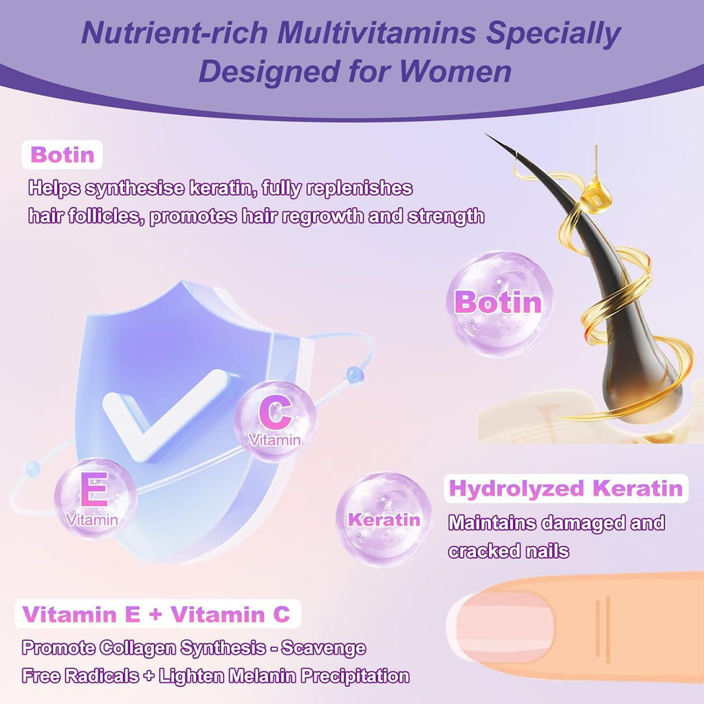 KFG Biotin 10000mcg, Multivitamínico para Mujer con Queratina, Colágeno, Calcio, Niacinamida y Vitaminas A, B, D, C, E - 100 Comprimidos