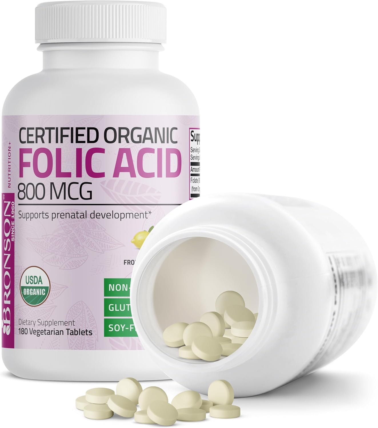 Bronson Ácido Fólico Orgánico (Vitamina B9 Folato) 800 mcg, 180 Comprimidos