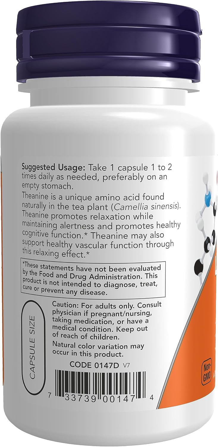 NOW L-Theanine 200 mg, 60 Cápsulas Veganas