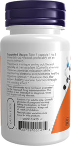 NOW L-Theanine 200 mg, 60 Cápsulas Veganas