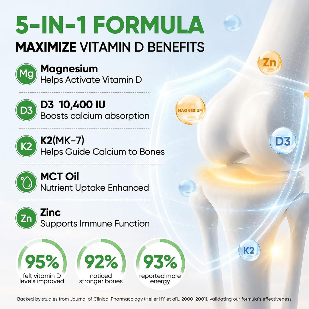 Venture Pal 5 en 1 Vitamina D3 K2 Gotas - 10000 UI D3 + 200 mcg K2 (MK-7) con Magnesio, Zinc y Aceite MCT - 60 ml