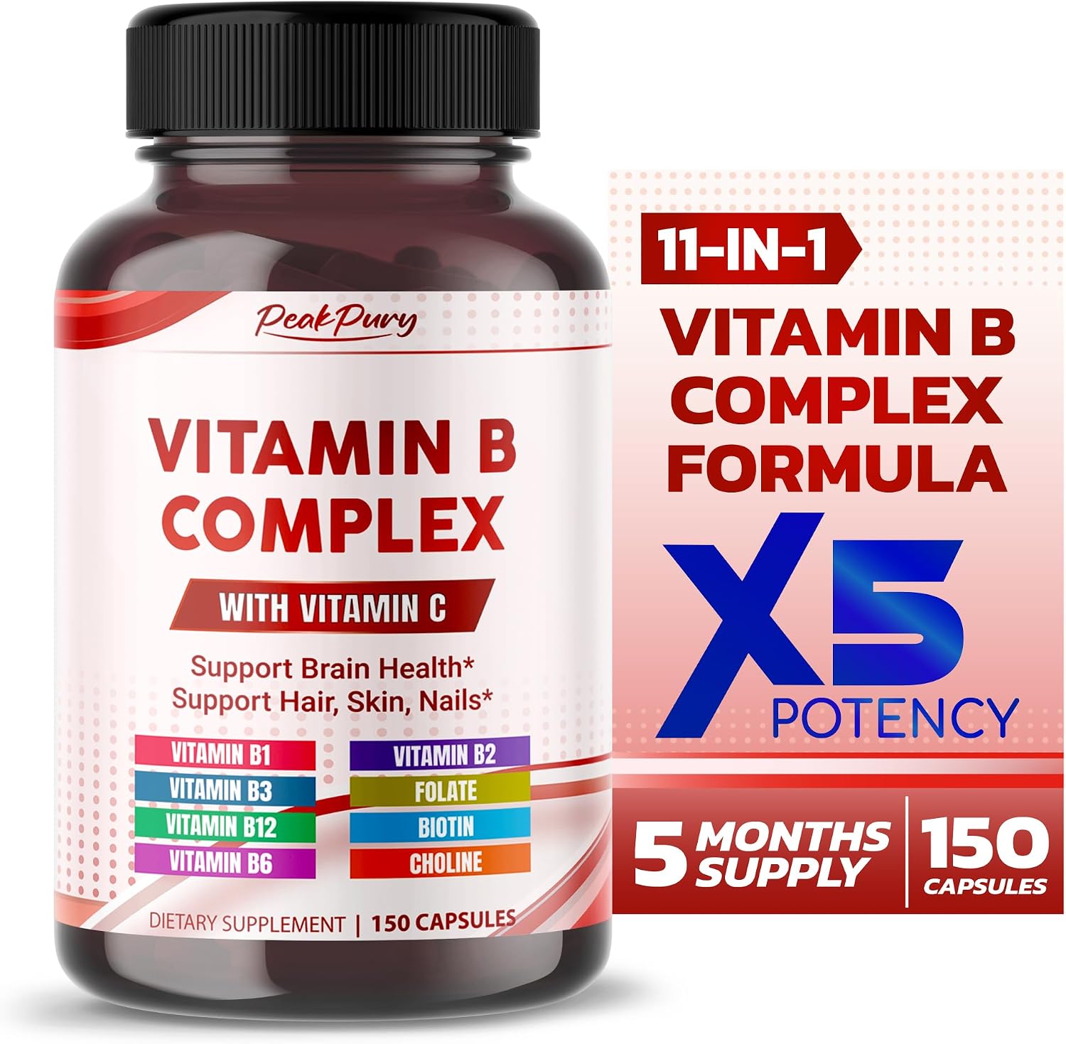 Ultra Complejo B con Vitamina C – Apoya la Salud Cerebral y Promueve el Cabello, la Piel y las Uñas Saludables – Alta Potencia B1, B2, B3, Folato, B12, Biotina, B5 y Colina – 150 Cápsulas
